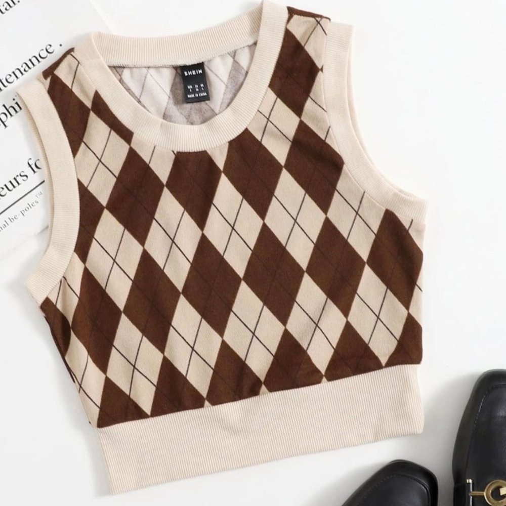 Brown/Tan Argyle Crop Sweater Vest
